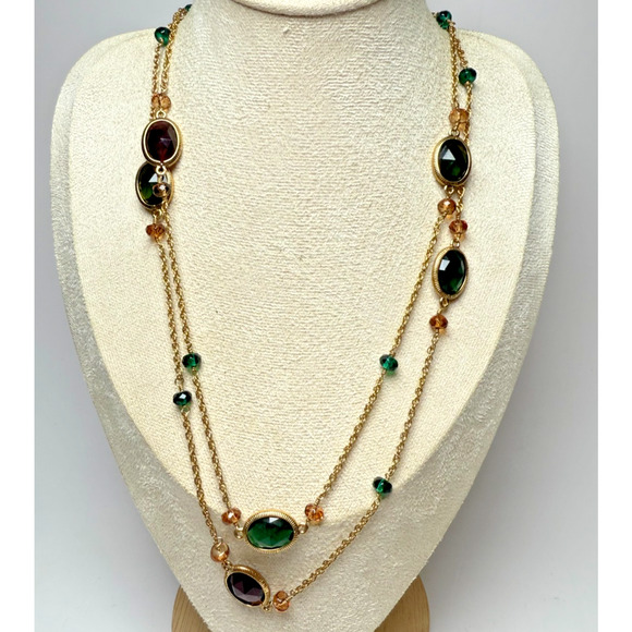 Vintage 40" Monet Gold Tone Jewel Tones Station Necklace Green Purple Faceted - Picture 2 of 6